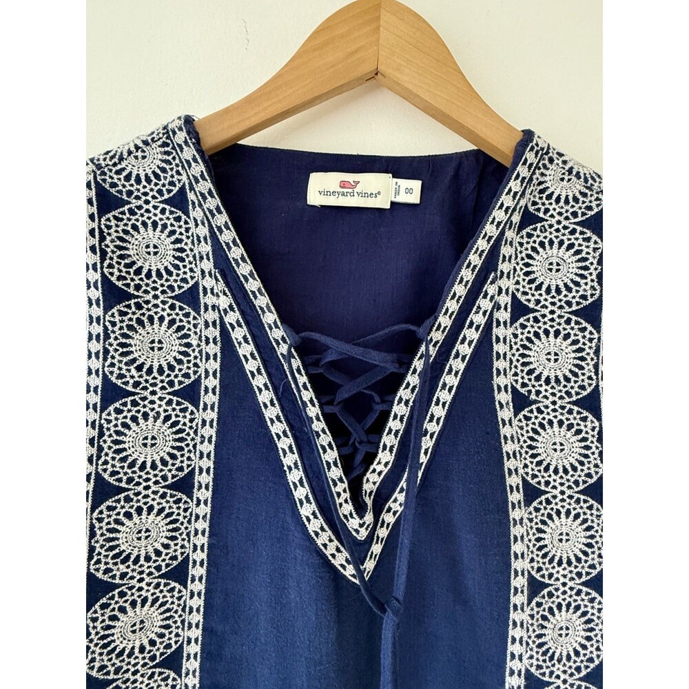 Vineyard Vines Linen Dress 00 Navy Embroidered Resort Chic Quiet Luxury